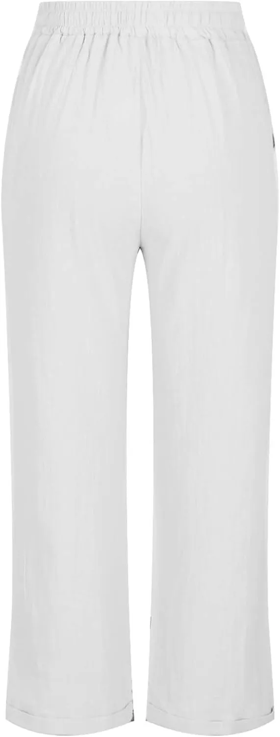 Straight Leg Linen Pants for Women Soft Casual Drawstring Tie Elastic Waist Loose Pant Pocketed Summer Beach Trouser