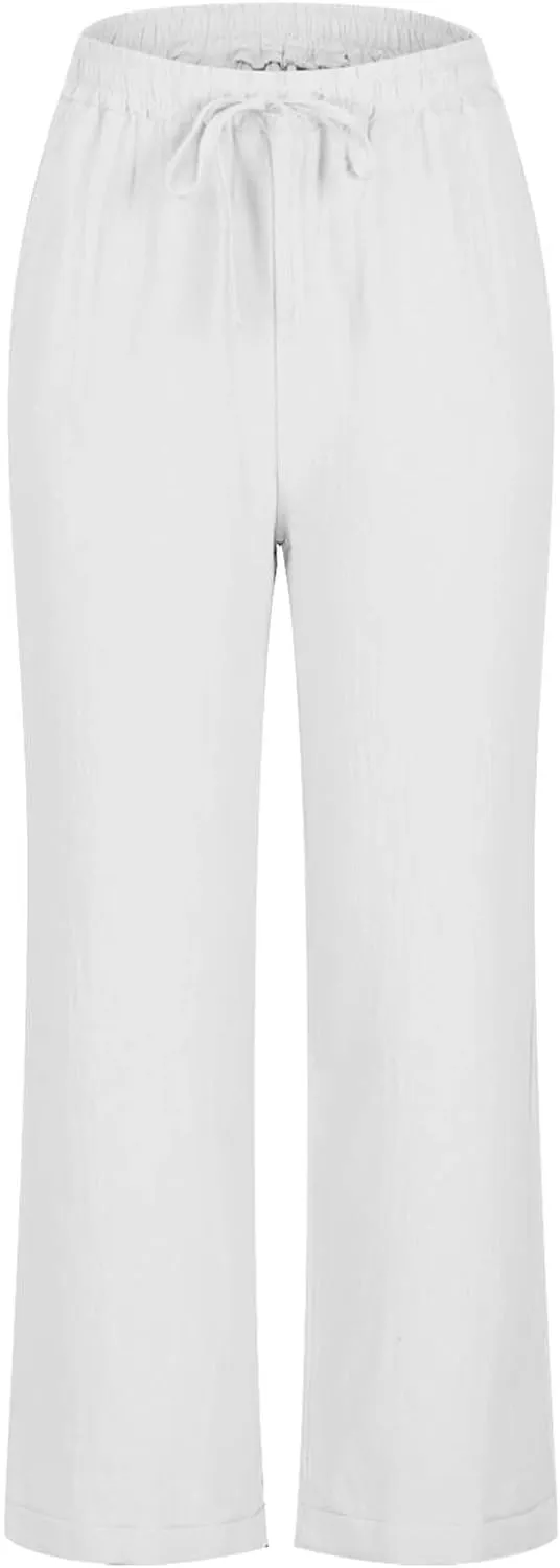 Straight Leg Linen Pants for Women Soft Casual Drawstring Tie Elastic Waist Loose Pant Pocketed Summer Beach Trouser