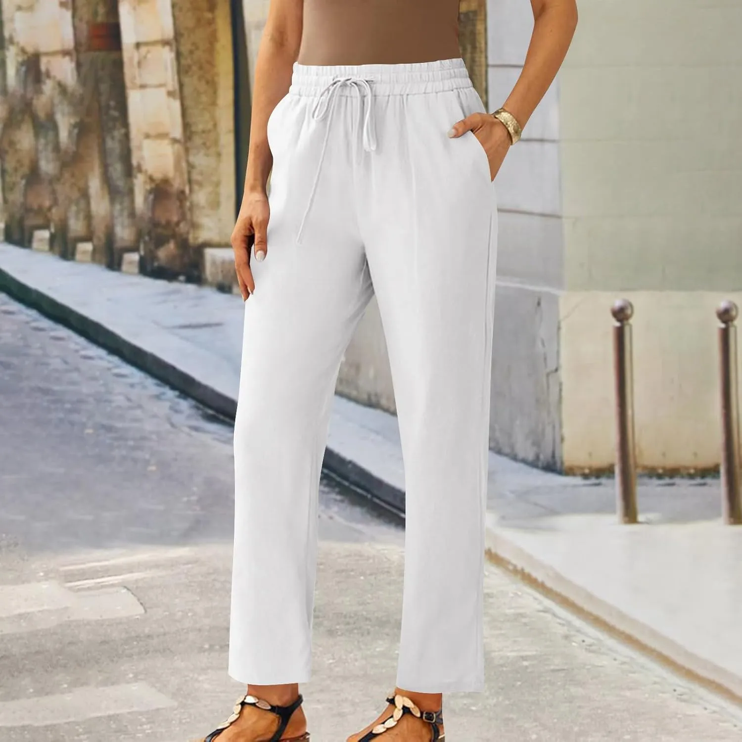 Straight Leg Linen Pants for Women Soft Casual Drawstring Tie Elastic Waist Loose Pant Pocketed Summer Beach Trouser