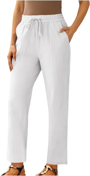 Straight Leg Linen Pants for Women Soft Casual Drawstring Tie Elastic Waist Loose Pant Pocketed Summer Beach Trouser