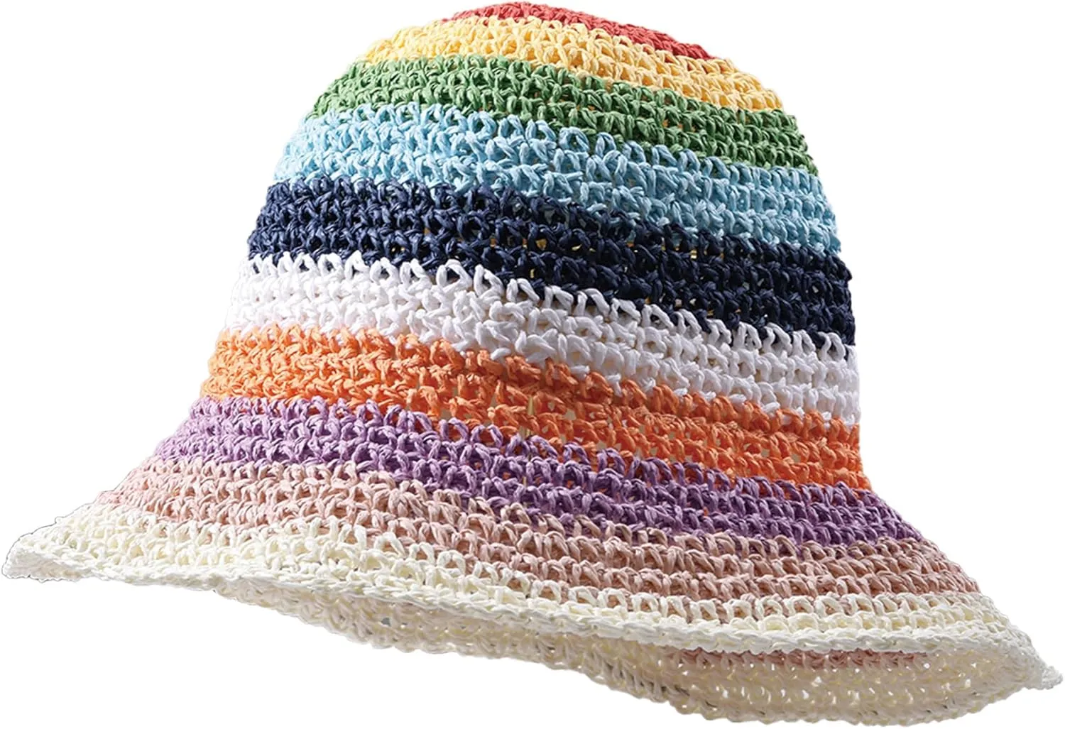 Straw Bucket Hat Women Sun Cap Crochet Mesh Woven Wide Brim Floppy