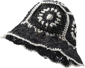 Straw Bucket Hat Women Sun Cap Crochet Mesh Woven Wide Brim Floppy