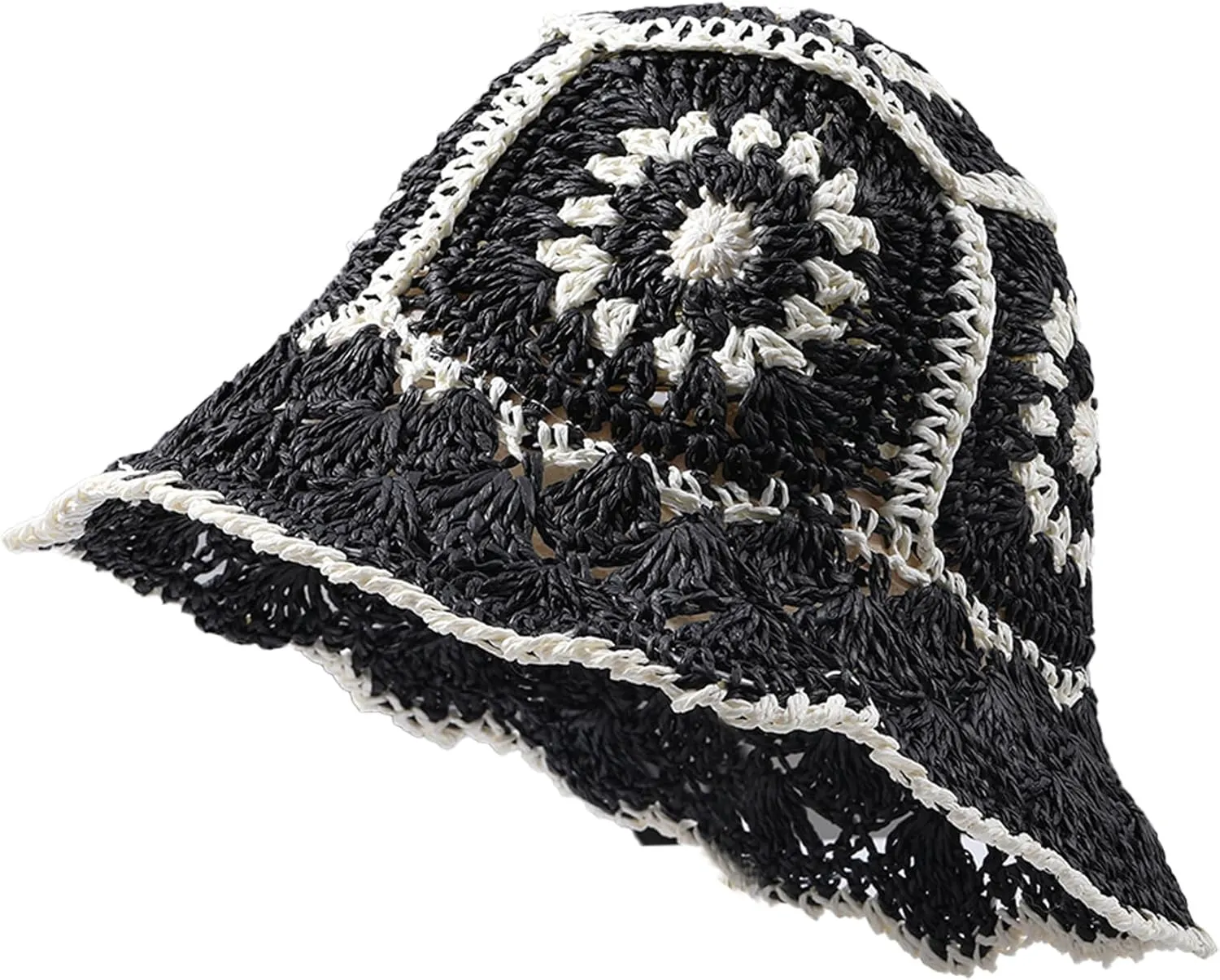 Straw Bucket Hat Women Sun Cap Crochet Mesh Woven Wide Brim Floppy
