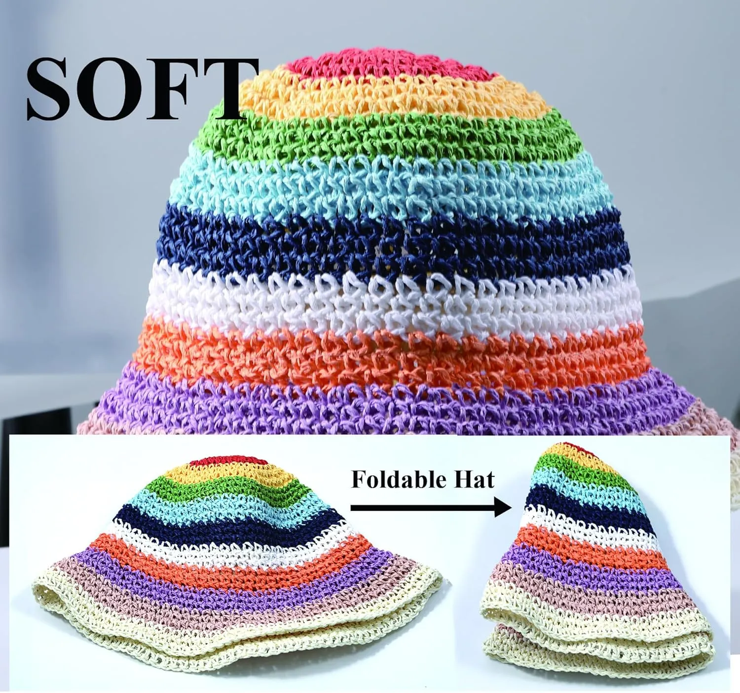 Straw Bucket Hat Women Sun Cap Crochet Mesh Woven Wide Brim Floppy