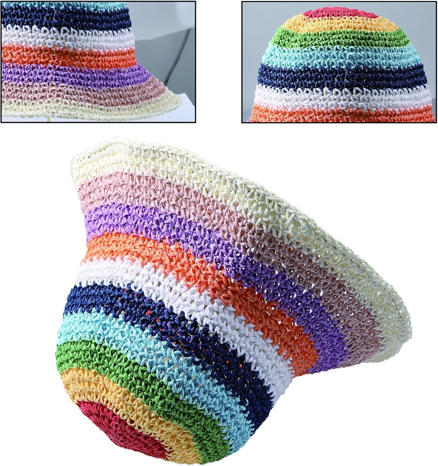 Straw Bucket Hat Women Sun Cap Crochet Mesh Woven Wide Brim Floppy