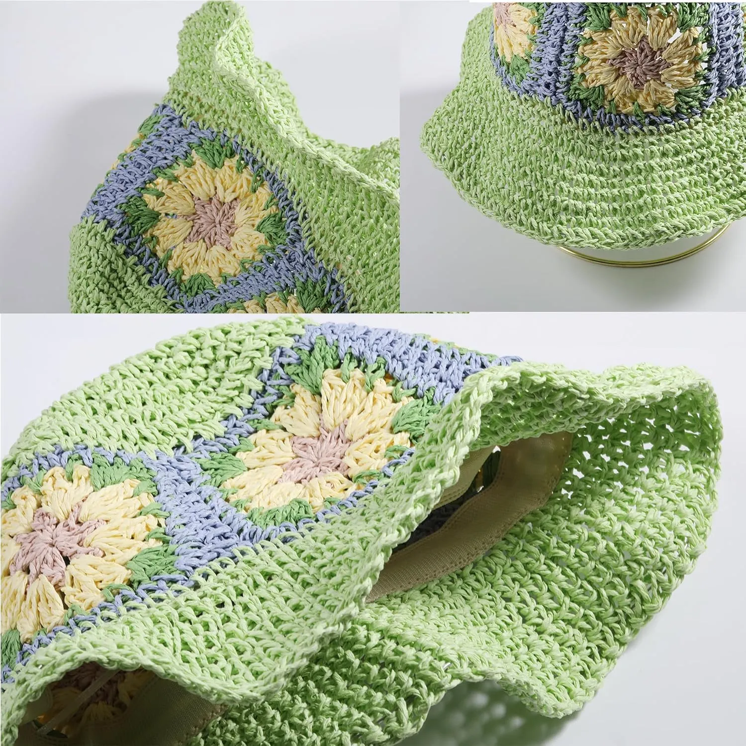 Straw Bucket Hat Women Sun Cap Crochet Mesh Woven Wide Brim Floppy