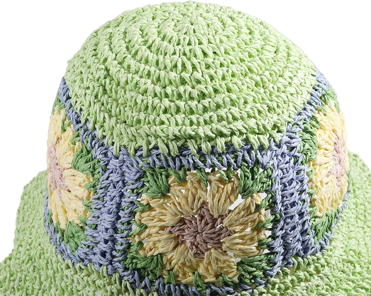 Straw Bucket Hat Women Sun Cap Crochet Mesh Woven Wide Brim Floppy