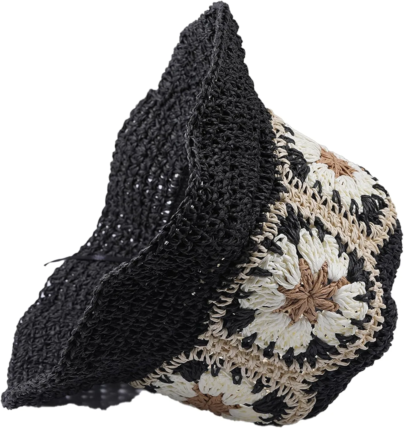 Straw Bucket Hat Women Sun Cap Crochet Mesh Woven Wide Brim Floppy