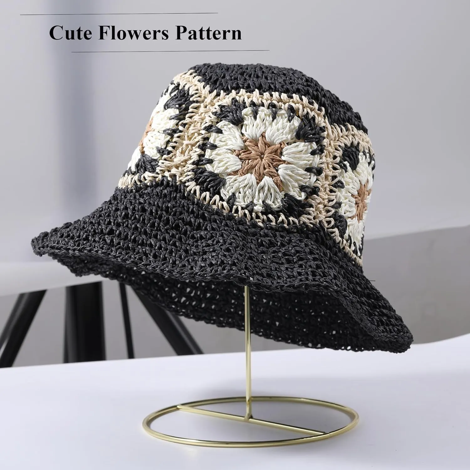Straw Bucket Hat Women Sun Cap Crochet Mesh Woven Wide Brim Floppy