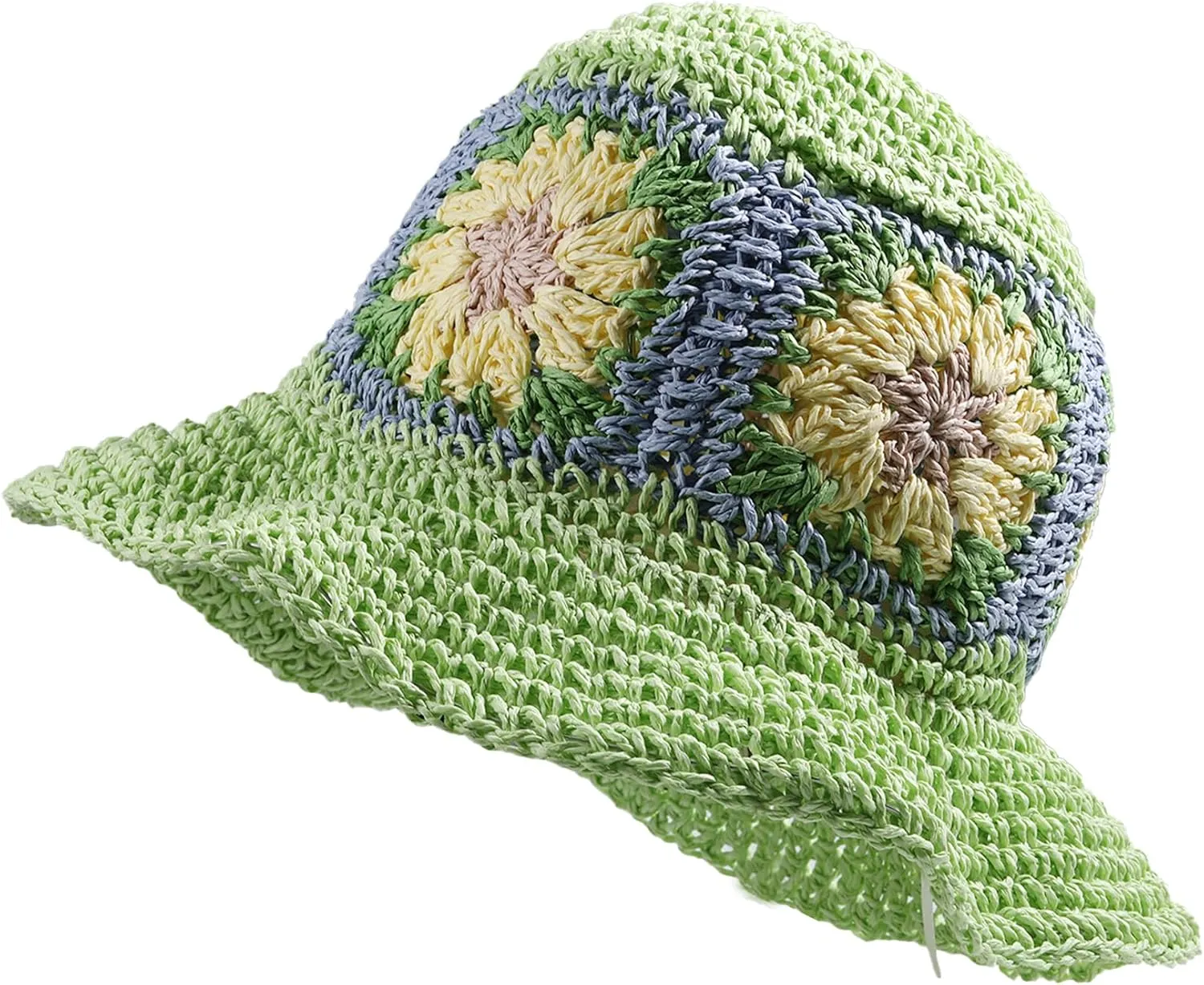 Straw Bucket Hat Women Sun Cap Crochet Mesh Woven Wide Brim Floppy