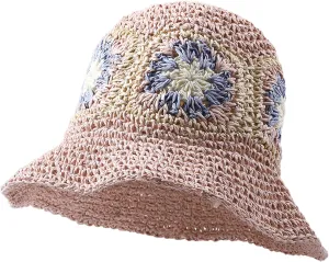 Straw Bucket Hat Women Sun Cap Crochet Mesh Woven Wide Brim Floppy