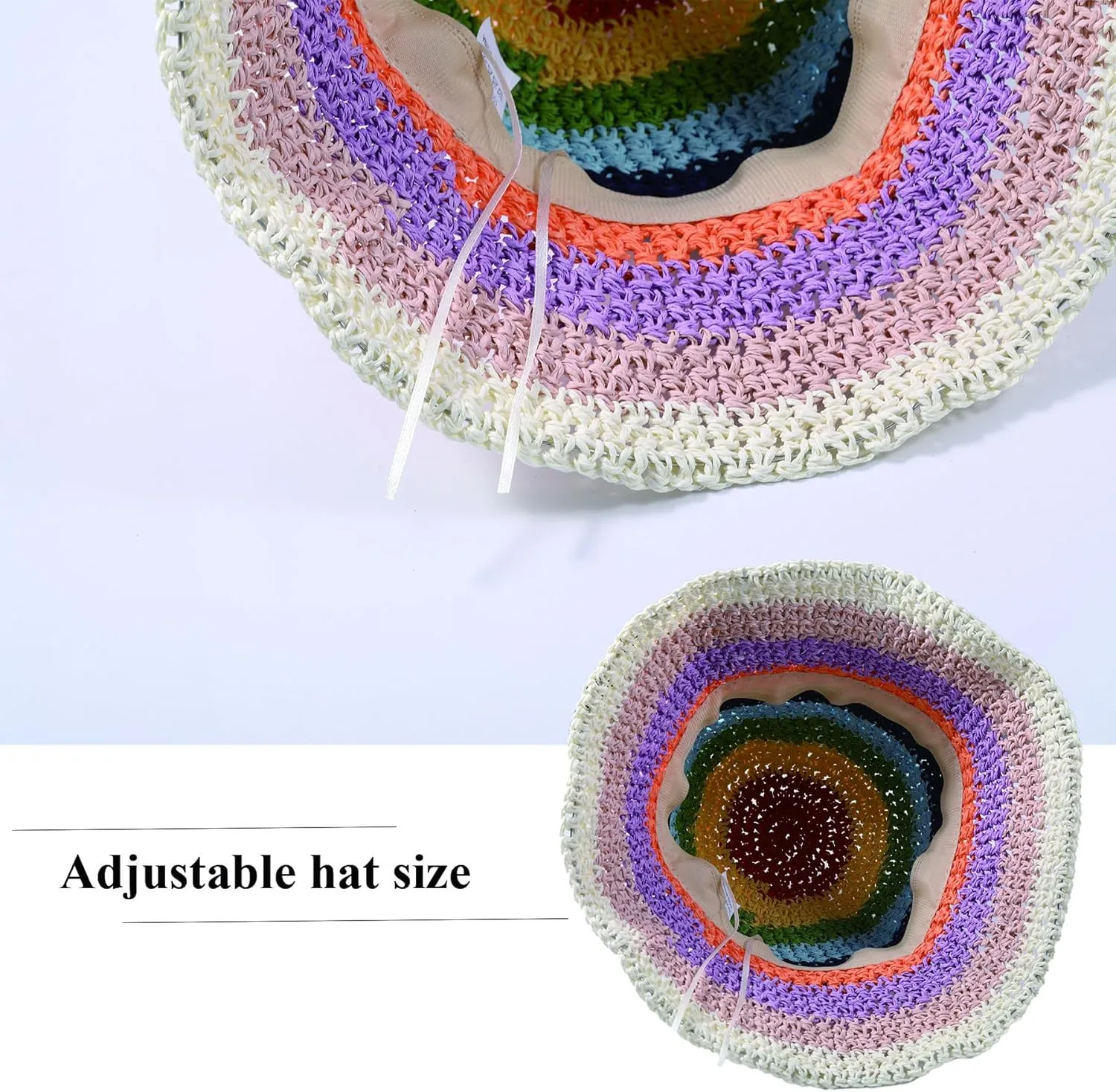 Straw Bucket Hat Women Sun Cap Crochet Mesh Woven Wide Brim Floppy
