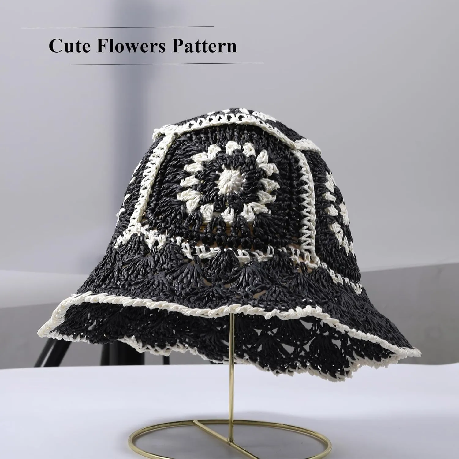 Straw Bucket Hat Women Sun Cap Crochet Mesh Woven Wide Brim Floppy