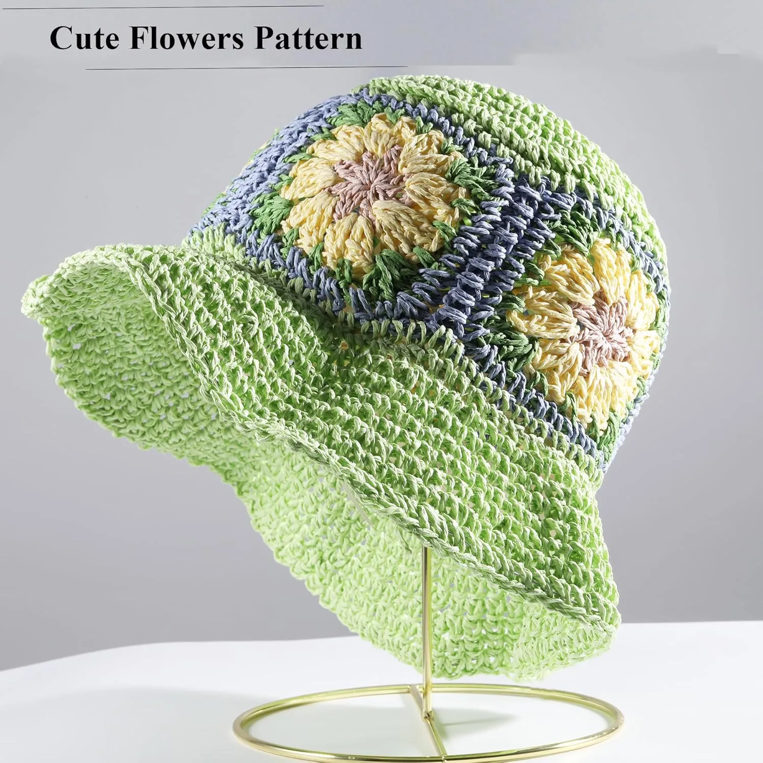 Straw Bucket Hat Women Sun Cap Crochet Mesh Woven Wide Brim Floppy