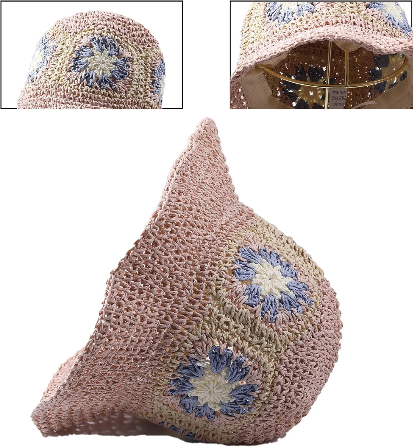 Straw Bucket Hat Women Sun Cap Crochet Mesh Woven Wide Brim Floppy
