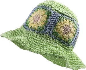 Straw Bucket Hat Women Sun Cap Crochet Mesh Woven Wide Brim Floppy