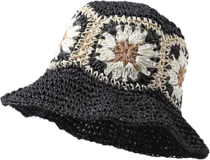 Straw Bucket Hat Women Sun Cap Crochet Mesh Woven Wide Brim Floppy