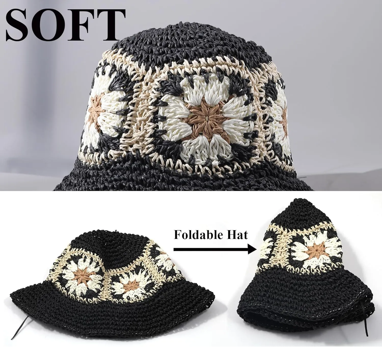 Straw Bucket Hat Women Sun Cap Crochet Mesh Woven Wide Brim Floppy