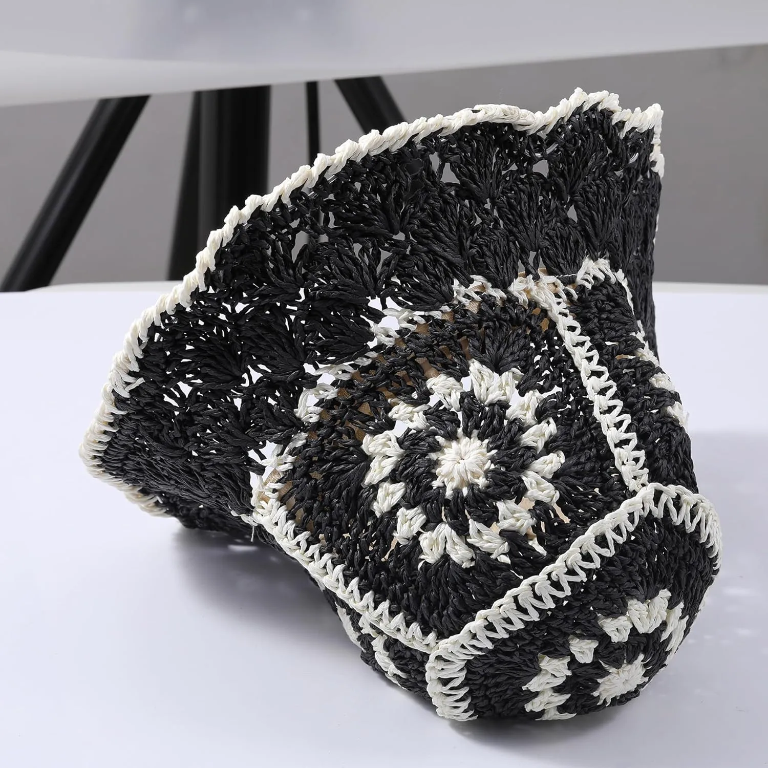 Straw Bucket Hat Women Sun Cap Crochet Mesh Woven Wide Brim Floppy