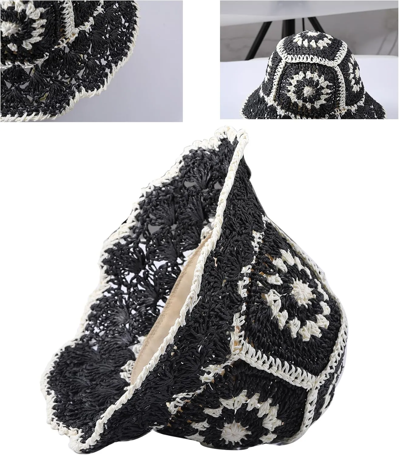 Straw Bucket Hat Women Sun Cap Crochet Mesh Woven Wide Brim Floppy
