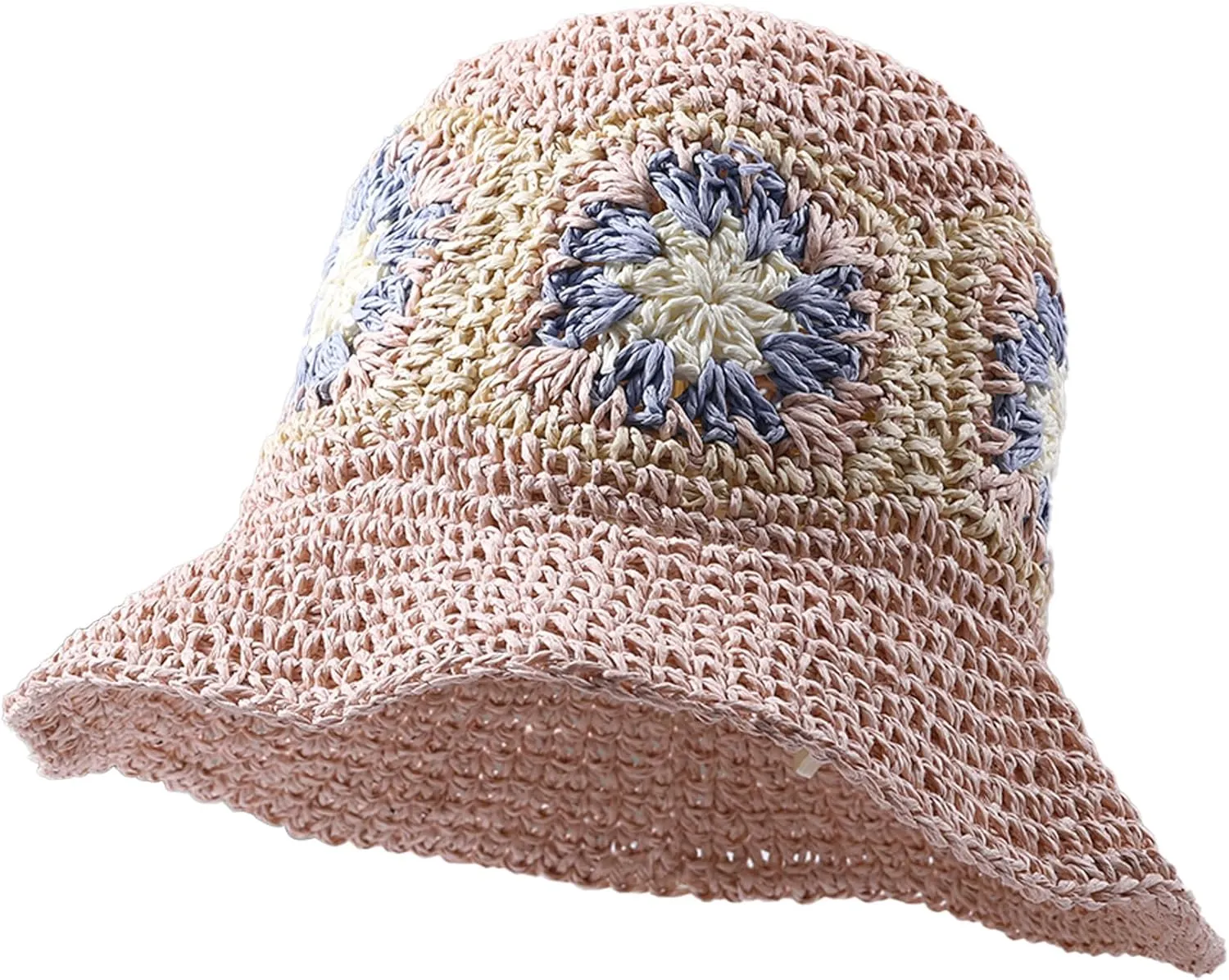 Straw Bucket Hat Women Sun Cap Crochet Mesh Woven Wide Brim Floppy