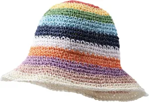 Straw Bucket Hat Women Sun Cap Crochet Mesh Woven Wide Brim Floppy