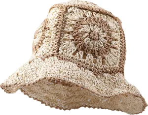 Straw Bucket Hat Women Sun Cap Crochet Mesh Woven Wide Brim Floppy