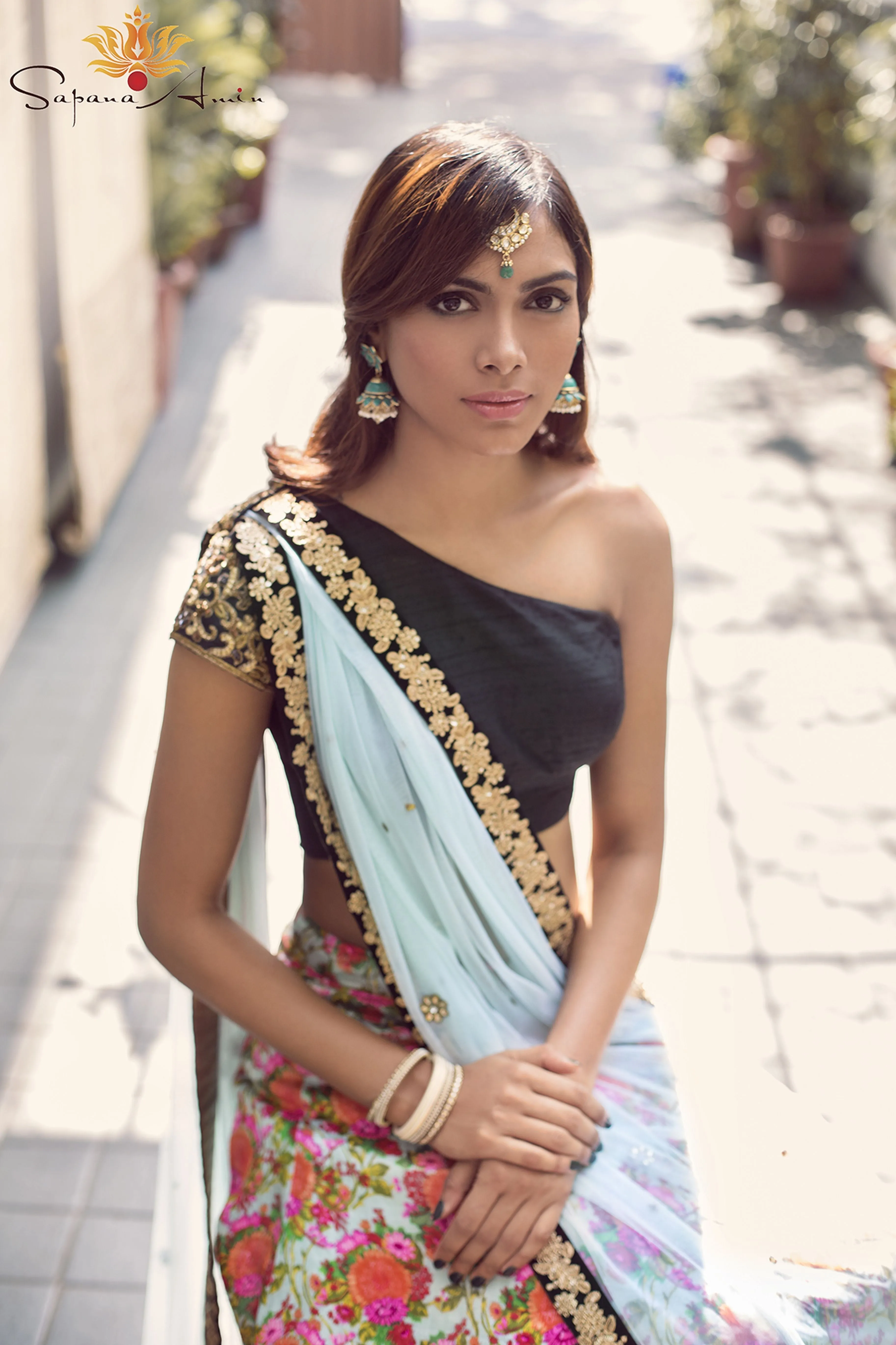 Stylish Black One Shoulder Blouse Pastel Blue Lehenga
