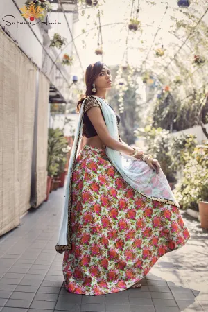 Stylish Black One Shoulder Blouse Pastel Blue Lehenga