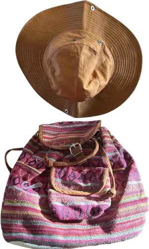 Summer Beach Set, Khaki Wide Brim Sun Hat with Boho Striped Drawstring Bag, Pink Multi-Color