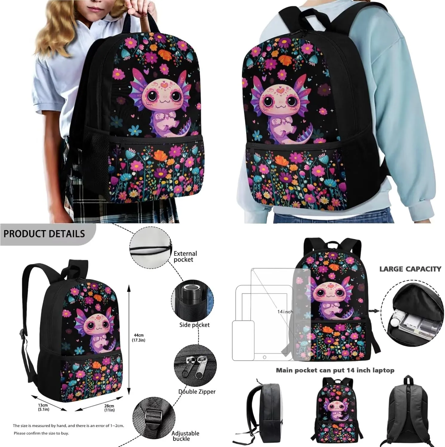 Suobstales Axolotl Flower Print Backpack Set for Girls Boys Middle-School Elementary Bookbags, 4Pcs School Bag with Lunch Bag Pencil Case Water Bottle Sleeve for School Travel Outdoor