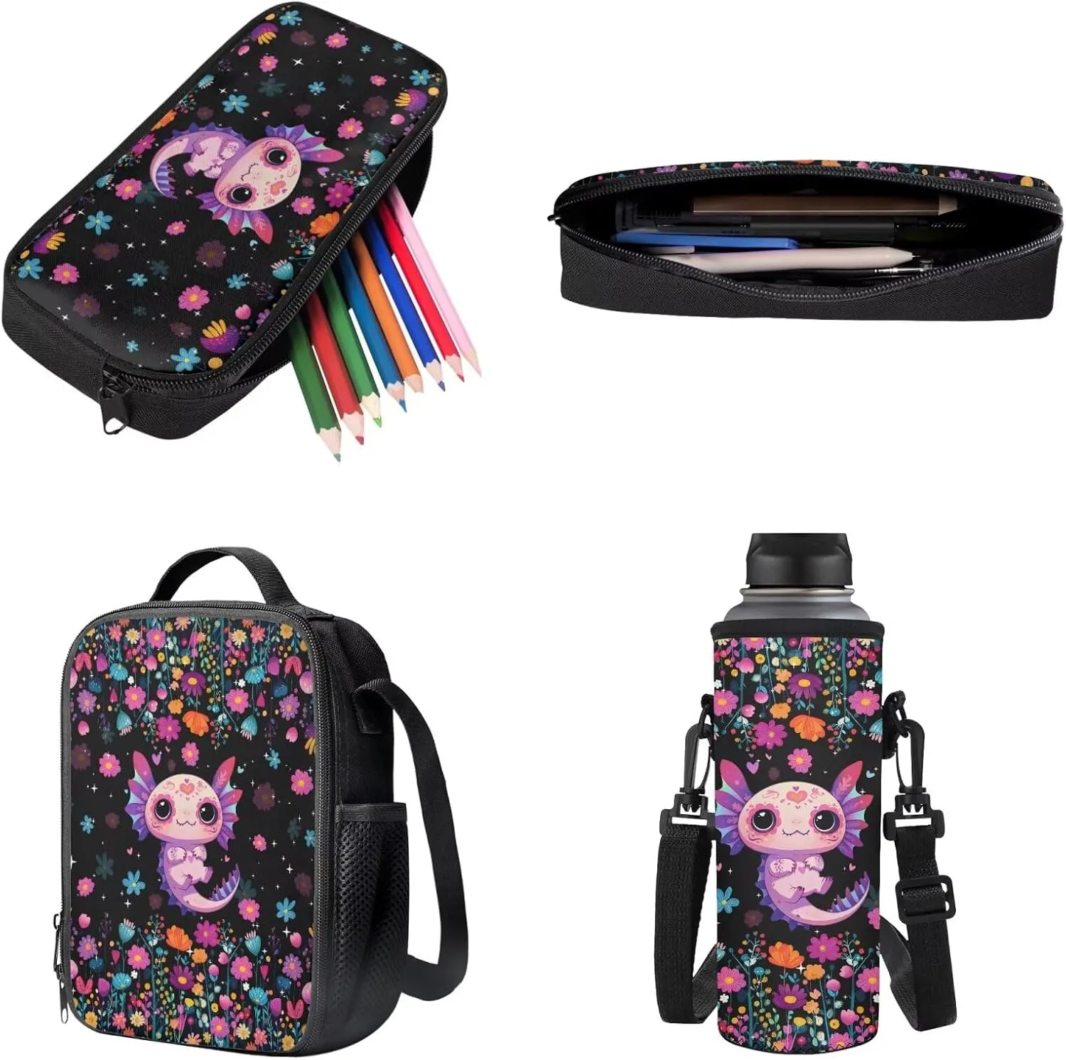 Suobstales Axolotl Flower Print Backpack Set for Girls Boys Middle-School Elementary Bookbags, 4Pcs School Bag with Lunch Bag Pencil Case Water Bottle Sleeve for School Travel Outdoor