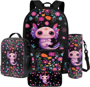 Suobstales Axolotl Flower Print Backpack Set for Girls Boys Middle-School Elementary Bookbags, 4Pcs School Bag with Lunch Bag Pencil Case Water Bottle Sleeve for School Travel Outdoor