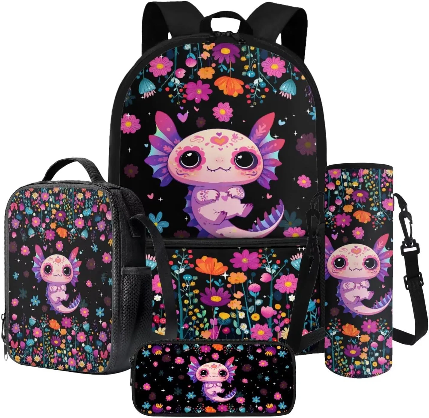 Suobstales Axolotl Flower Print Backpack Set for Girls Boys Middle-School Elementary Bookbags, 4Pcs School Bag with Lunch Bag Pencil Case Water Bottle Sleeve for School Travel Outdoor