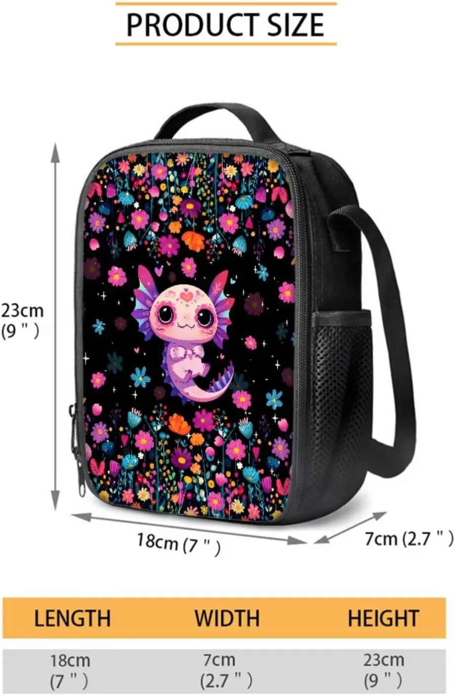Suobstales Axolotl Flower Print Backpack Set for Girls Boys Middle-School Elementary Bookbags, 4Pcs School Bag with Lunch Bag Pencil Case Water Bottle Sleeve for School Travel Outdoor