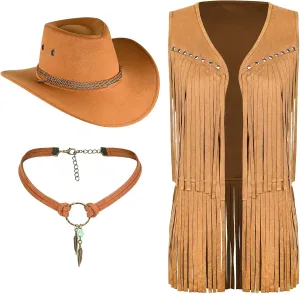 Tassel Vest for Women 70s Hippie Faux Suede Sleeveless Fringe Rivets Jacket with Cowboy Hat and Leather Necklace