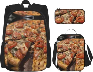 Tasty Pizza Print Travel Backpack For Women 3-Piece Set With Insulated Lunch Box,For Outdoor Travel