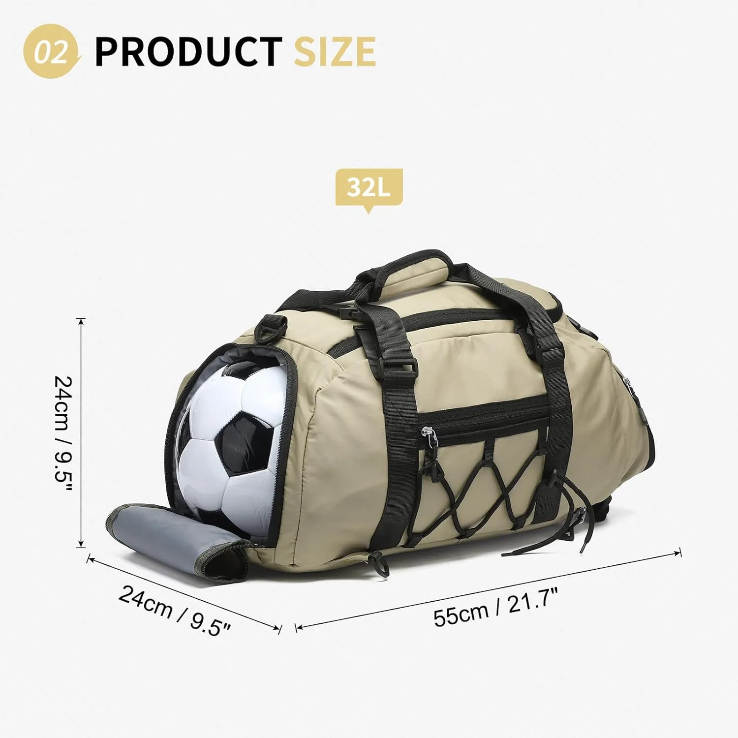 Unisex Travel Duffle Bag for Men Women, Waterproof Gym Bag with Shoe Compartment & Football Compartment, 32L Carry on Bag for Sports & Fitness, Khaki