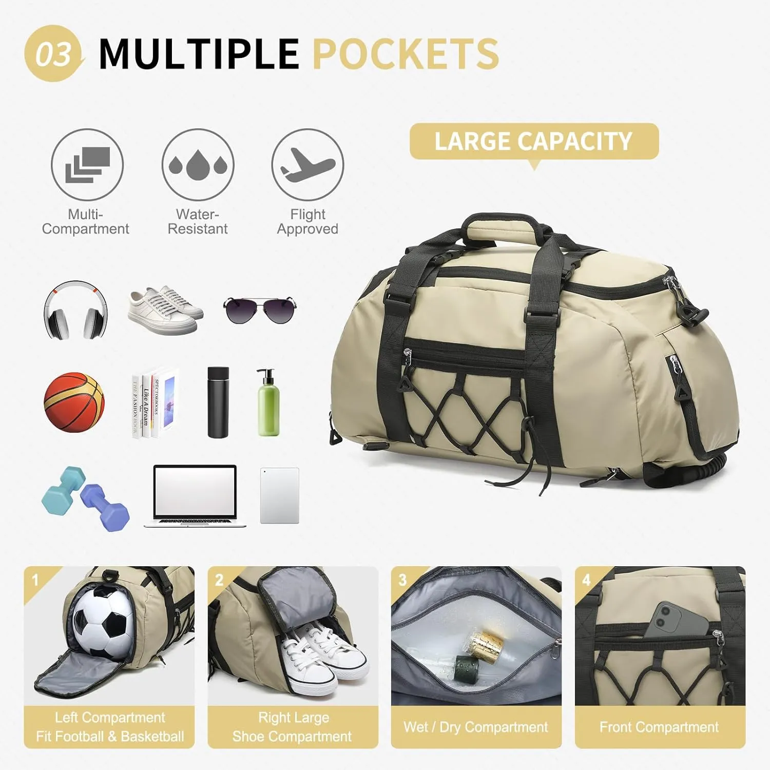 Unisex Travel Duffle Bag for Men Women, Waterproof Gym Bag with Shoe Compartment & Football Compartment, 32L Carry on Bag for Sports & Fitness, Khaki