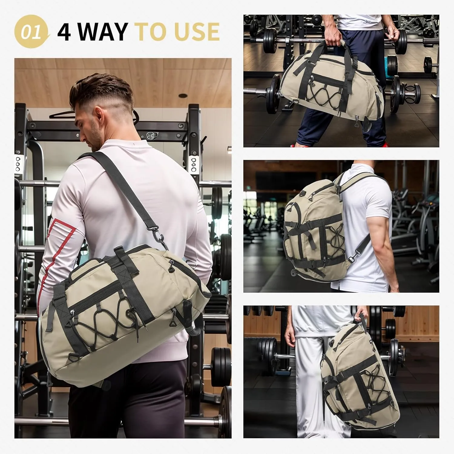 Unisex Travel Duffle Bag for Men Women, Waterproof Gym Bag with Shoe Compartment & Football Compartment, 32L Carry on Bag for Sports & Fitness, Khaki