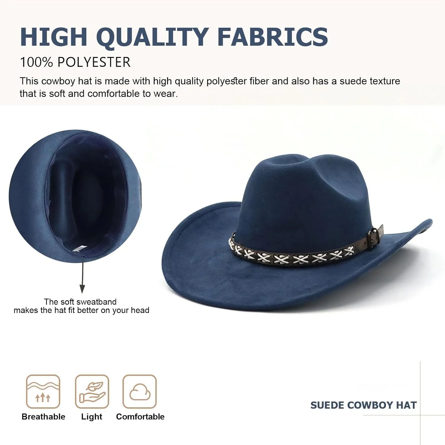 Western Suede Cowboy Hat for Women Men Wide Brim Classic Cowboy Cowgirl Hat with Buckle Belt Felt Fedora Hat