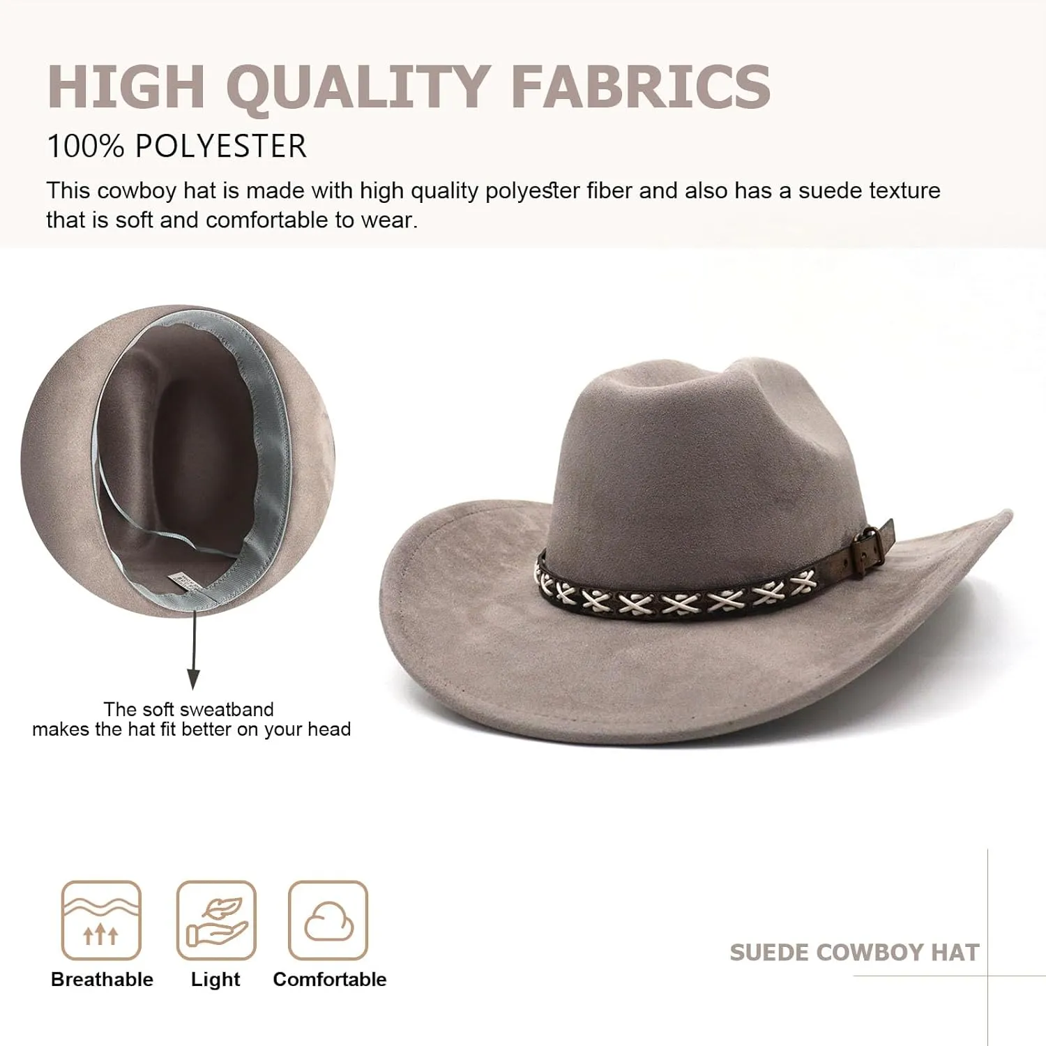 Western Suede Cowboy Hat for Women Men Wide Brim Classic Cowboy Cowgirl Hat with Buckle Belt Felt Fedora Hat