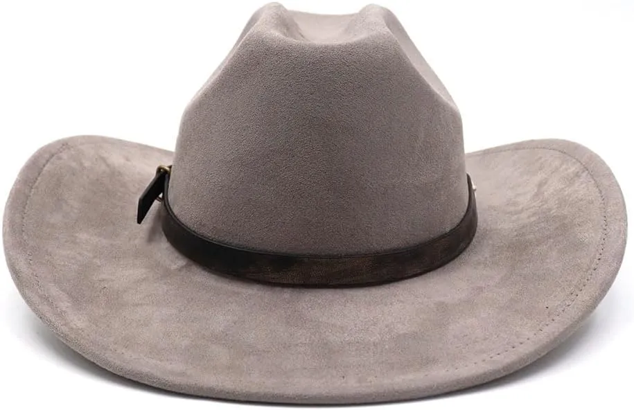 Western Suede Cowboy Hat for Women Men Wide Brim Classic Cowboy Cowgirl Hat with Buckle Belt Felt Fedora Hat
