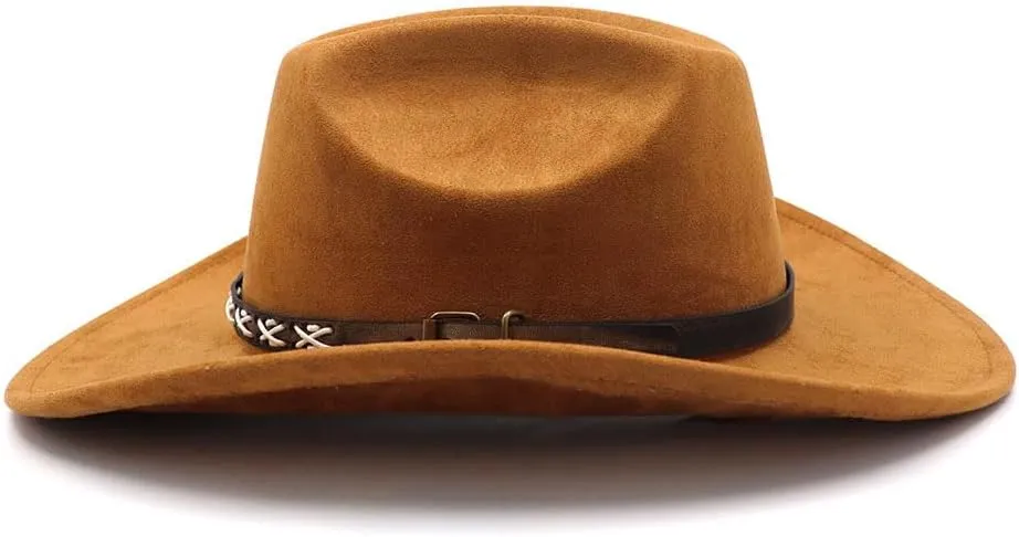 Western Suede Cowboy Hat for Women Men Wide Brim Classic Cowboy Cowgirl Hat with Buckle Belt Felt Fedora Hat
