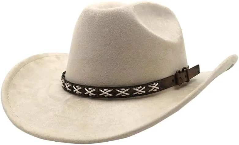 Western Suede Cowboy Hat for Women Men Wide Brim Classic Cowboy Cowgirl Hat with Buckle Belt Felt Fedora Hat