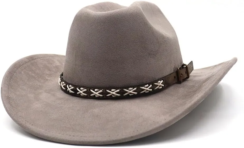 Western Suede Cowboy Hat for Women Men Wide Brim Classic Cowboy Cowgirl Hat with Buckle Belt Felt Fedora Hat
