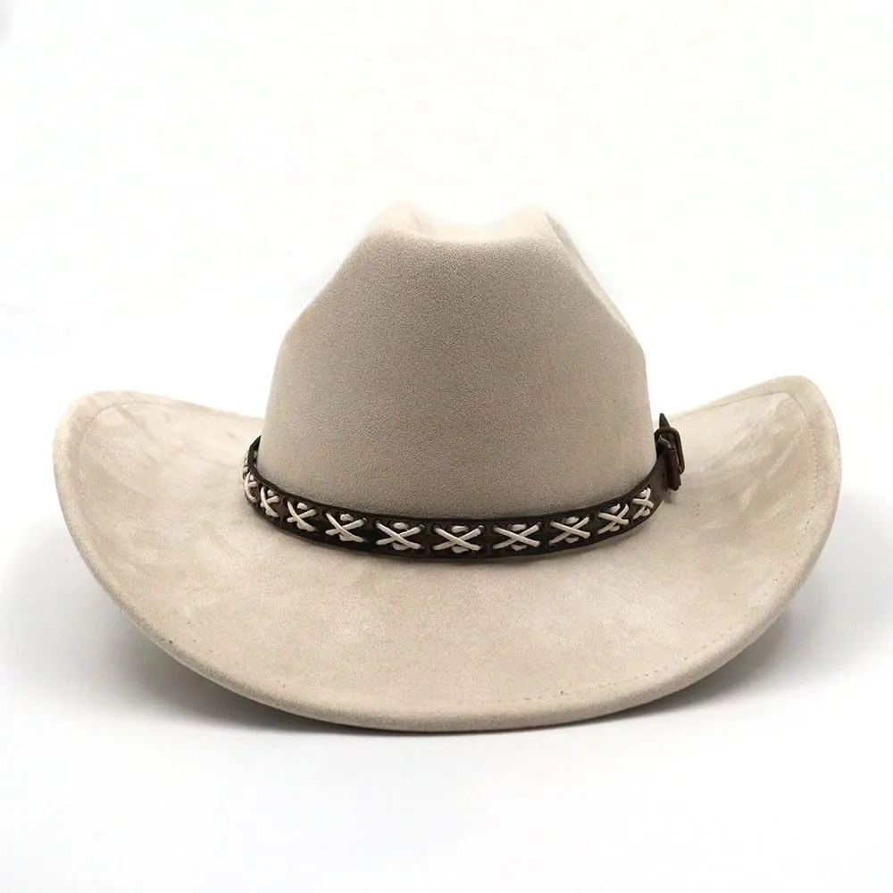 Western Suede Cowboy Hat for Women Men Wide Brim Classic Cowboy Cowgirl Hat with Buckle Belt Felt Fedora Hat