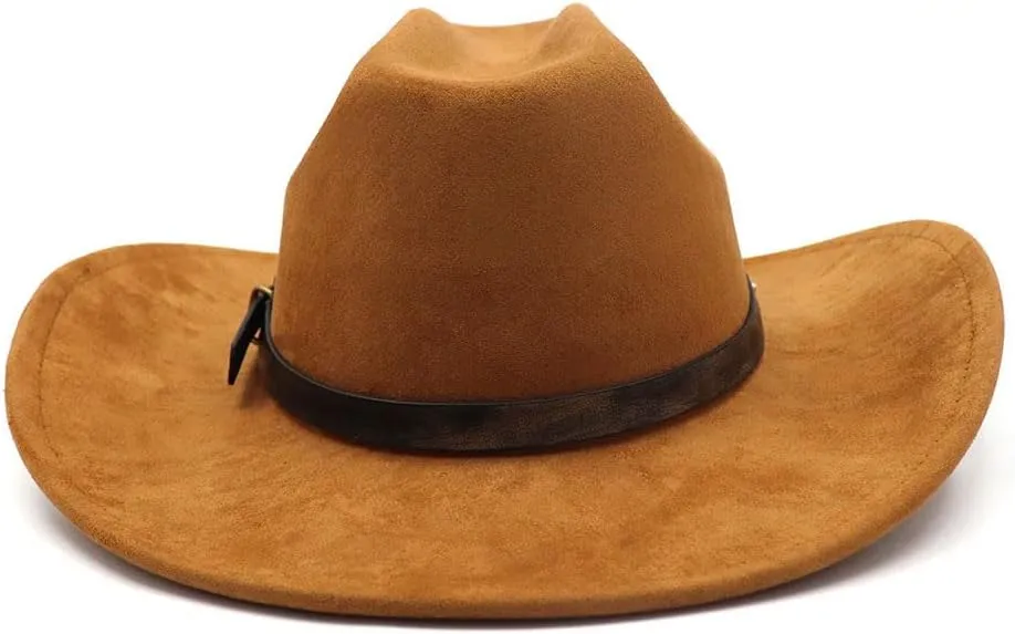 Western Suede Cowboy Hat for Women Men Wide Brim Classic Cowboy Cowgirl Hat with Buckle Belt Felt Fedora Hat