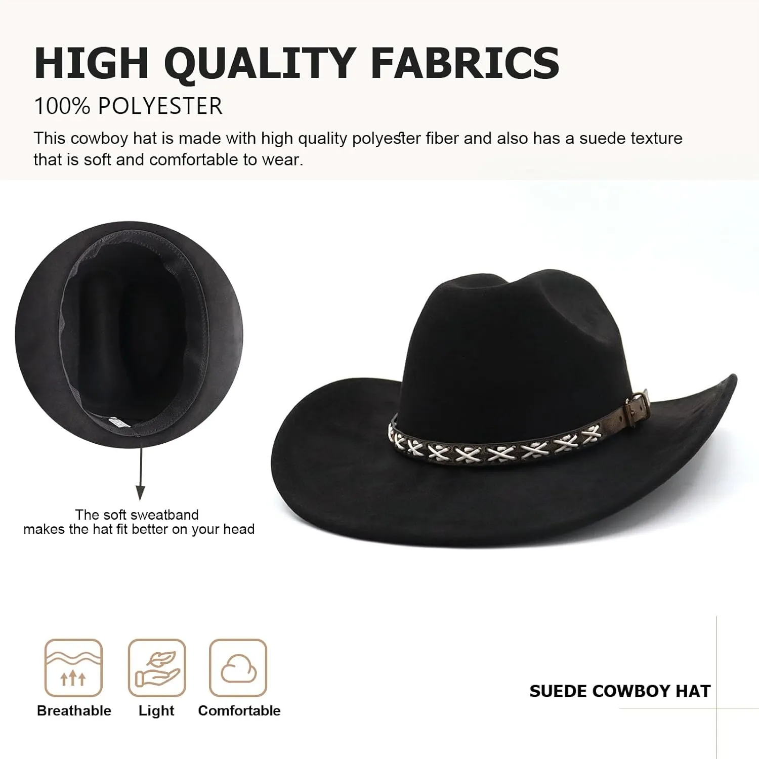 Western Suede Cowboy Hat for Women Men Wide Brim Classic Cowboy Cowgirl Hat with Buckle Belt Felt Fedora Hat