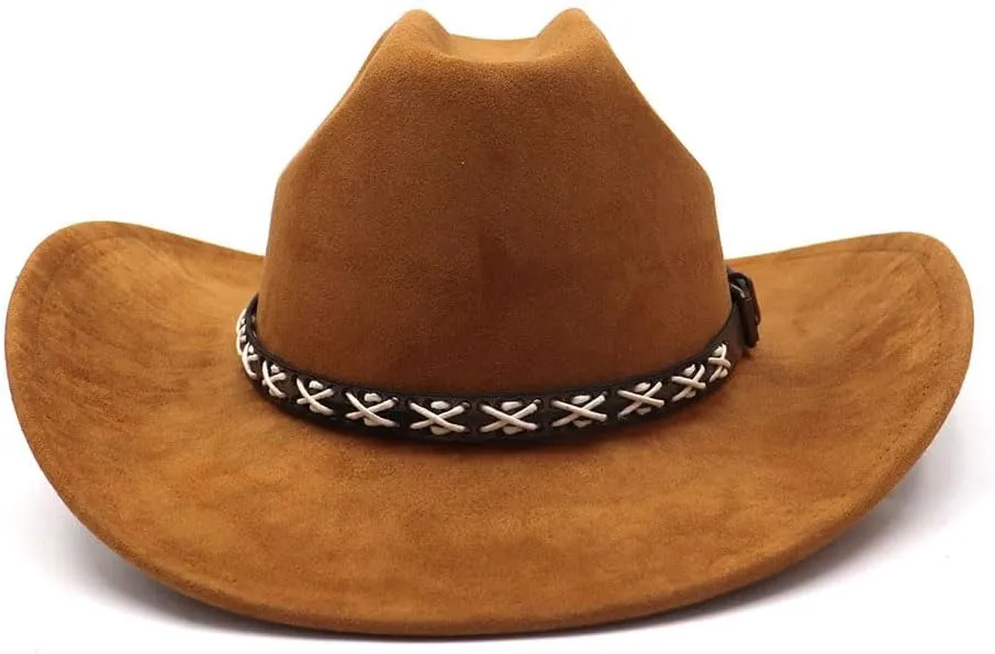 Western Suede Cowboy Hat for Women Men Wide Brim Classic Cowboy Cowgirl Hat with Buckle Belt Felt Fedora Hat